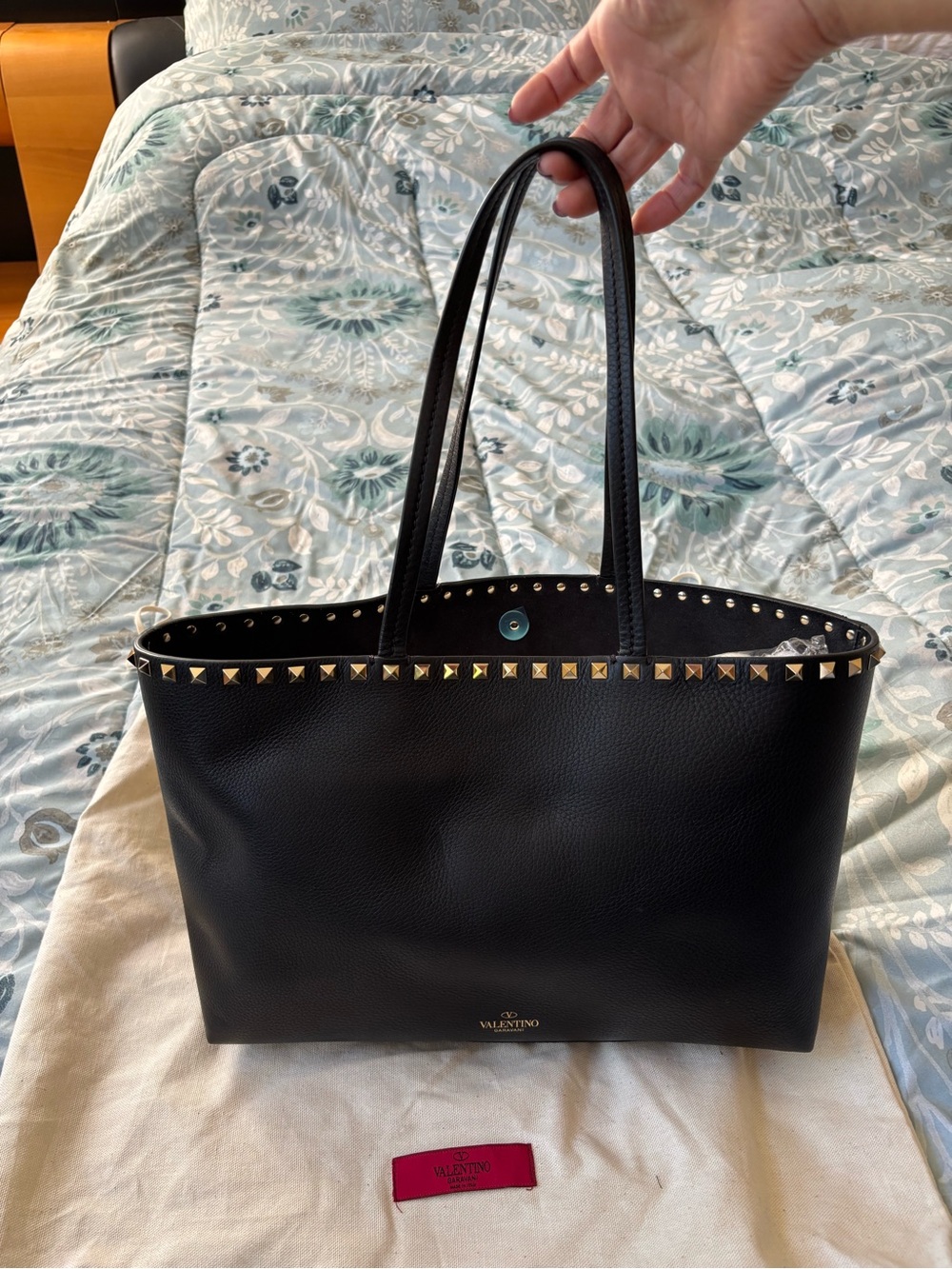 Valentino Black Leather Tote with Gold Rockstud Trim